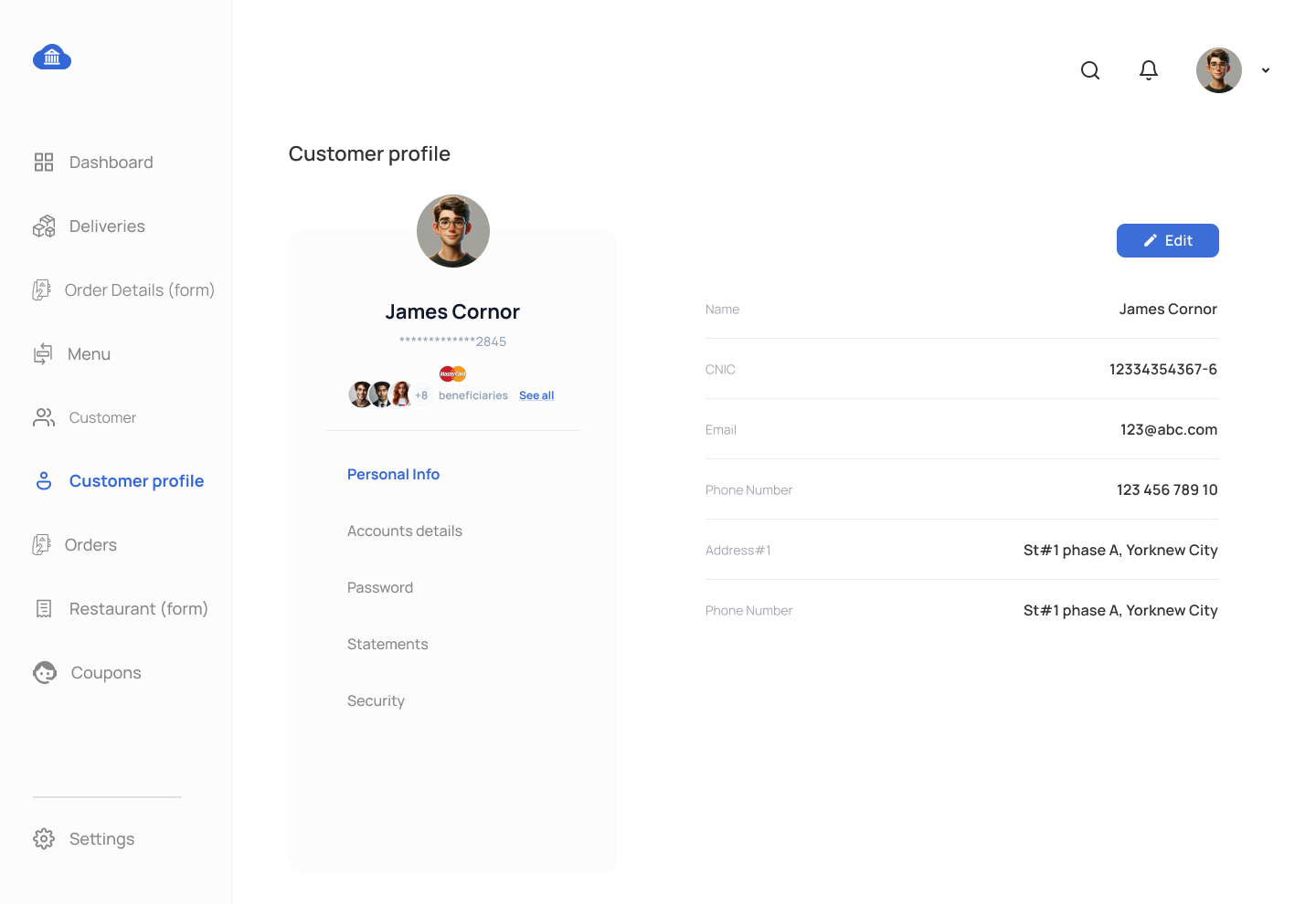Food Delivery Project Customer profile Customer Management View